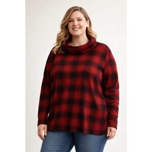 J Jill Red Black Plaid Cowl Neck Sweater Womens 3X Long Sleeve